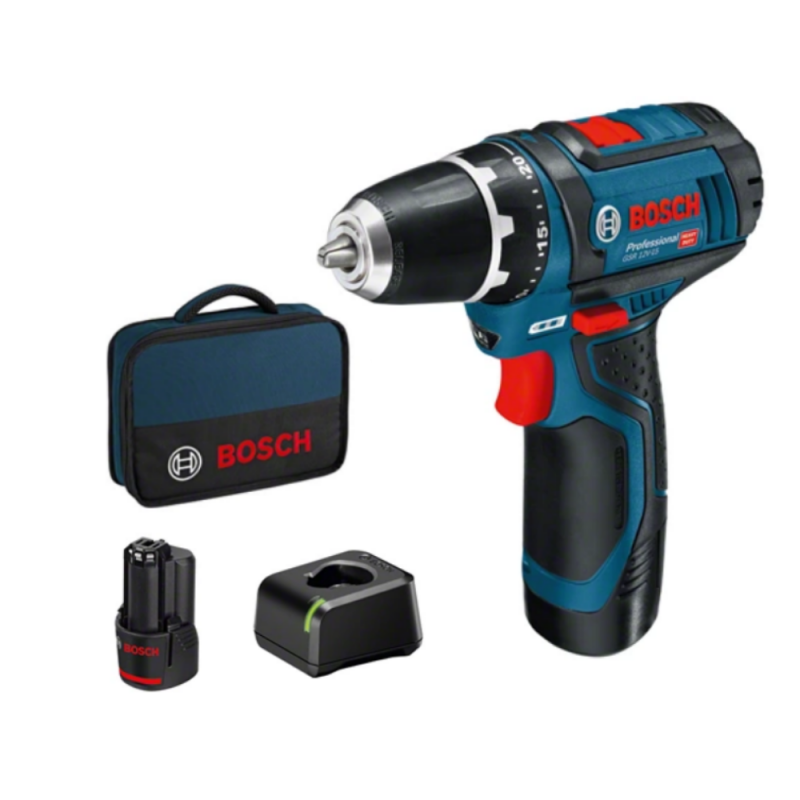 Akumuliatorinis suktuvas-gręžtuvas BOSCH GSR 12V-15 2×2,0Ah